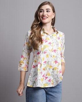 Floral Print Tunic Top with Button-Down