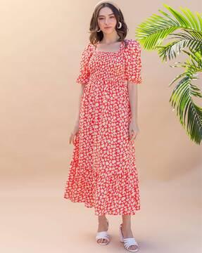 Floral Print Tiered Dress with Cuffed Sleeves