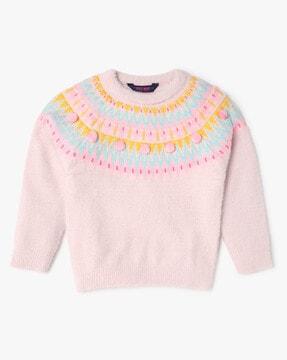 Geometric Patterned Sweater with Pom-Poms