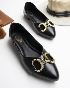 Slip-On Pointed-Toe Ballerinas with Metal Accent