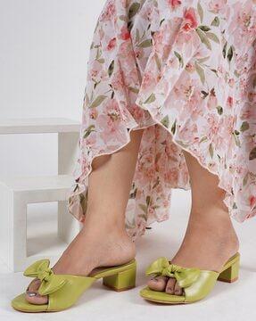 Open-Toe Slip-On Chunky Heeled Sandals with Bow Accent