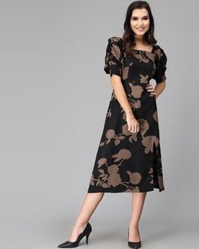 Floral Print Bodycon Dress with Puff Sleeves