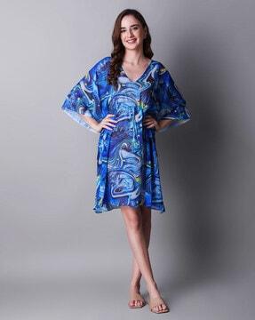 Printed A-Line Dress with Kimono Sleeves