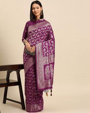 floral-print-saree-with-contrast-border-and-tassels