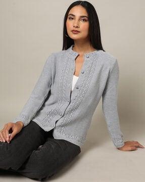 Button-Down Cardigan with Band Collar