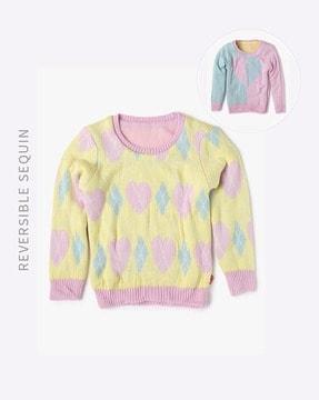Geometric-Knit Round-Neck Reversible Sweatshirt