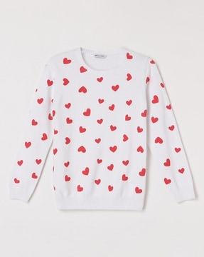 Heart Print Round-Neck Sweatshirt