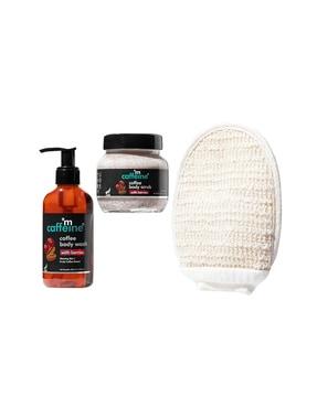 Coffee Body Scrub with Berries & Coffee Body Wash and Exfoliating Glove Non Woven Bag For Towel