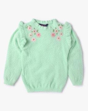 Floral Embroidered Round-Neck Pullover