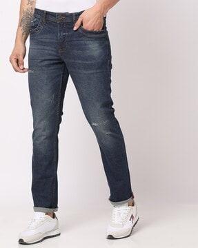 Mid-Wash Lightly Distressed Tapered Fit Jeans