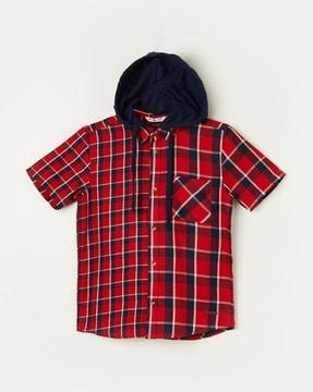 Checked Hooded Shirt with Patch Pocket