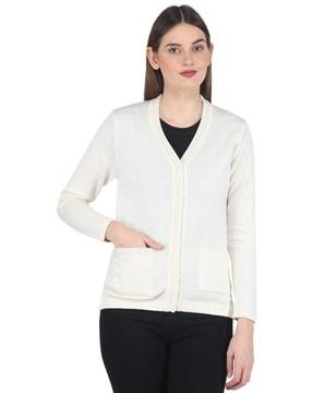Ribbed V-Neck Cardigan with Patch Pockets