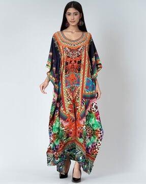Printed V-Neck Gown Dress