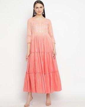 Embroidered Round-Neck Gown Dress