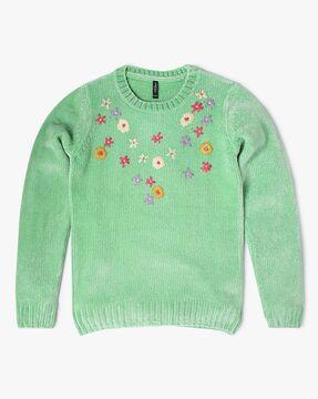 Floral Embroidered Round-Neck Sweater