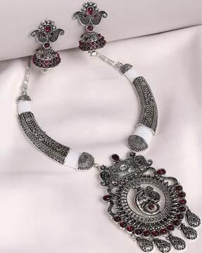 Silver-Plated Stone-Studded Necklace & Earrings Set