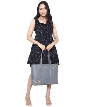 Embroidered Tote Bag with Zip Closure