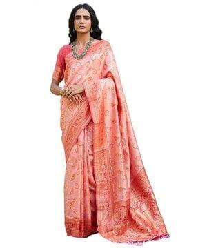 Woven Saree with Contrast Border & Tassels