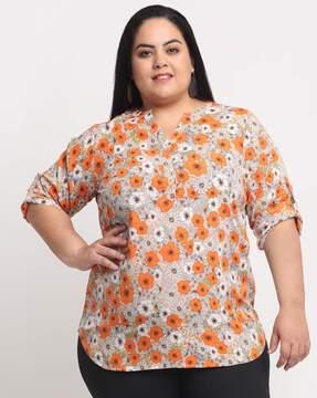 Women Floral Print Tunic with Roll-Up Sleeves