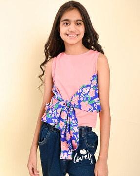 Girls Floral Print Top with Tie-Up