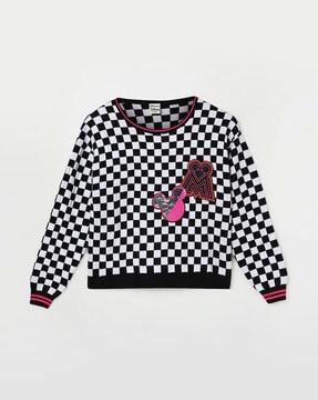 Girls Checked-Knit Round-Neck Pullover