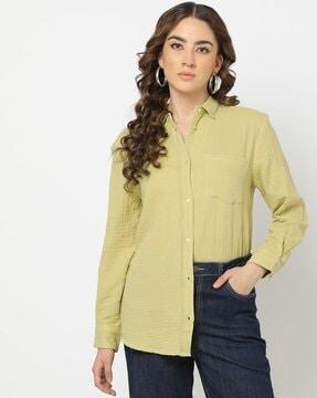 Women Crinkled Loose Fit Shirt with Patch Pocket