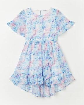 Girls Printed Round-Neck Fit & Flare Dress