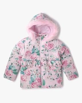 Girls Floral Print Quilted Hooded Jacket