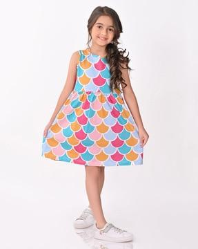 Girls Geometric Print Round-Neck A-Line Dress