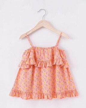 Girls Floral Print Regular Fit Tiered Top