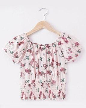 Girls Floral Print Regular Fit Round-Neck Top