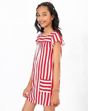 Girl Striped A-Line Dress with Patch Pocket