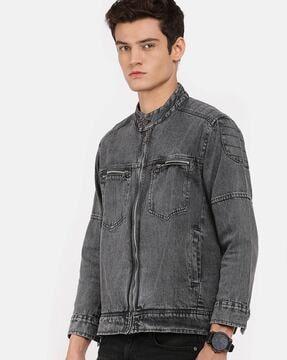 Men Slim-Fit Zip-Front Denim Jacket with Insert Pockets