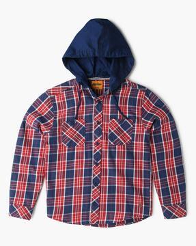 Boys Checked Relaxed Fit Hooded Shirt