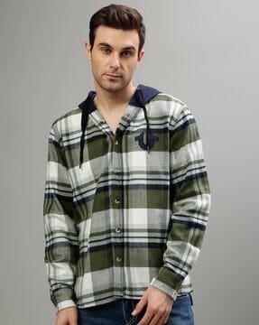 checked-regular-fit-hooded-shirt