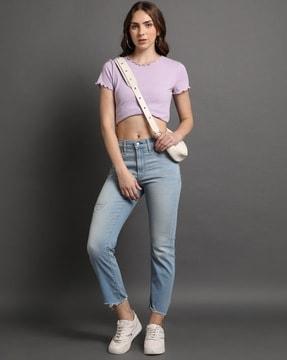 women-lightly-washed-straight-fit-distressed-jeans
