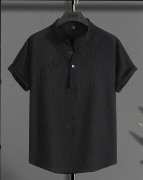 Men Knitted Loose Fit Shirt with Mandarin Collar