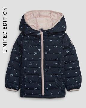 Girls Floral Print Hooded Puffer Jacket