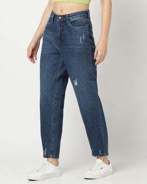 Women Light-Wash Mom Fit Distressed Jeans