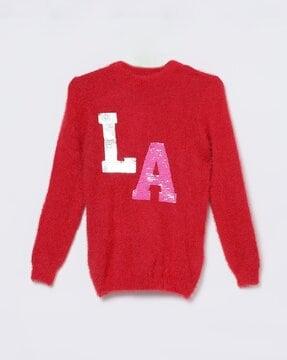 Girls Typographic-Knit Round-Neck Sweater