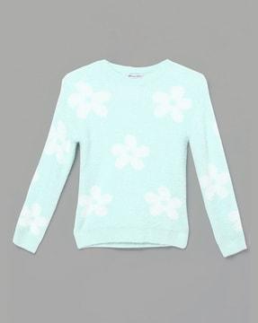Girls Floral-Knit Round-Neck Pullover