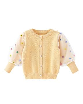 Girls Cardigan with Floral Print Puff Sleeves