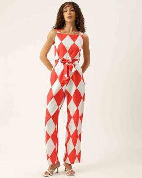 women-geometric-print-jumpsuit-with-waist-tie-up