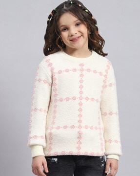 Girls Floral-Knit Round-Neck Pullover