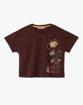 Girls Floral Print Round-Neck T-Shirt