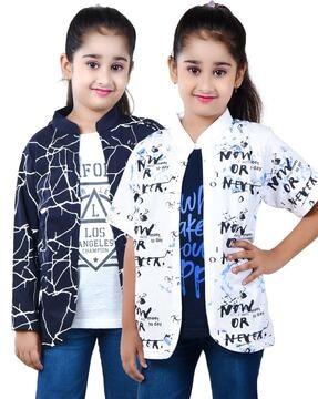 Pack of 2 Girls Printed Front-Open Trenches with  T-Shirt