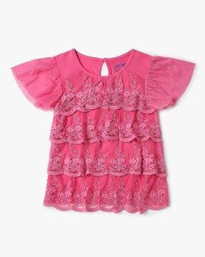 Girls Floral Embroidered Tiered Slim Fit Top