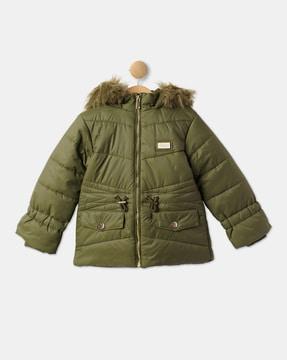 Girls Quilted Zip-Front Hoodie with Buttoned Flap Pockets