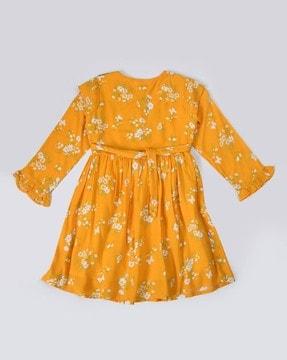 Girls Floral Print Round-Neck Fit & Flare Dress
