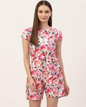 women-floral-print-playsuit-with-waist-tie-up